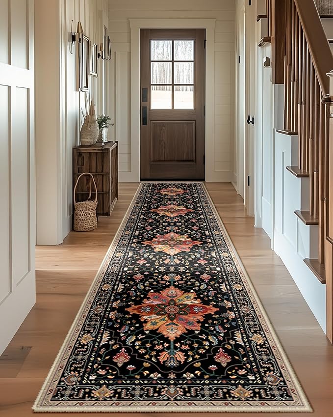 Area Rugs 2'x10' Runner Rug Non Slip Washable for Kitchen Hallway Bedroom Beside Laundry Room Bathroom Rug, Floor Carpet, Black Colorful Floral Dark Tan