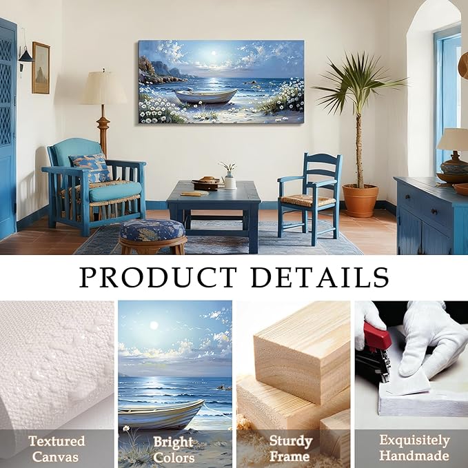 SERIMINO Beach Wall Art, Oversized Wall Art, Coastal Wall Decor, Beachy Boat Rustic Pictures Prints, Blue Seascape Paintings for Living Room Bedroom Dining Room Office Farmhouse Hotel 29"x57"