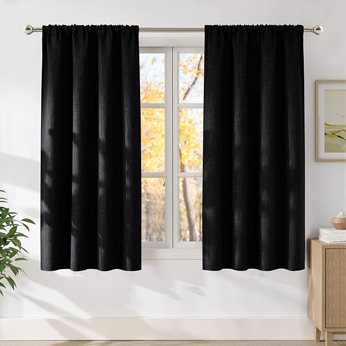 NICETOWN Black Faux Linen Room Darkening Rod Pocket Curtains 63 inch Length