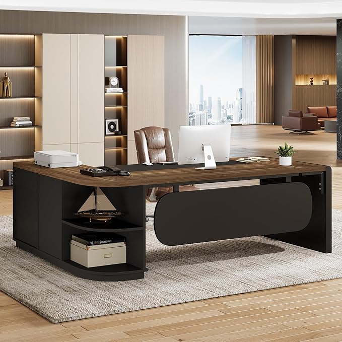 Tribesigns 80'' L-Shaped Desk Set of 4, Large Executive Office Desk with 55'' Drawers Cabinet, Modern Computer Table with Storage Shelves, Business Furniture for Office, Brown