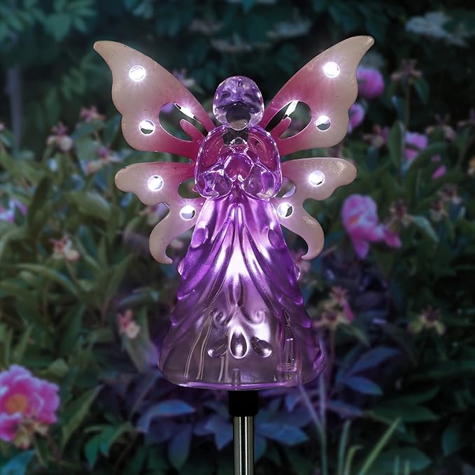 Exhart Garden Solar Lights, Decorative Angel Garden Stake, 12 LEDs, Cute Yard and Pathway Decor, Pink, 4 x 34 Inch