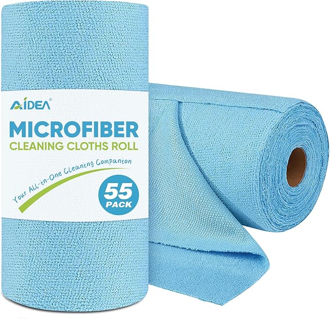AIDEA Microfiber Cleaning Cloth Roll, Blue Shop Towels 55 Sheets Washable, Microfiber Towels for Cars, Blue Rags Reusable Paper Towel for Automotive, Workshop, House, Kitchen, Cleaning Supplies11??9"