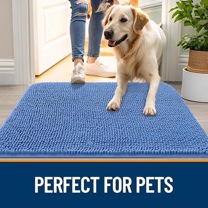 OLANLY Dog Door Mat for Muddy Paws 59x24, Absorbs Moisture and Dirt, Absorbent Non-Slip Washable Doormat, Quick Dry Chenille Mud Mat, Entry Indoor Entryway Carpet for Inside Floor, Cornflower Blue