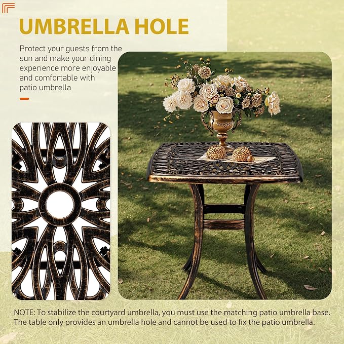 Outvita Patio Side Table, 21.3in Outdoor Square Cast Aluminum Bistro Table with Umbrella Hole and Antique Design for Backyard Porch Pool Balcony Deck Bronze