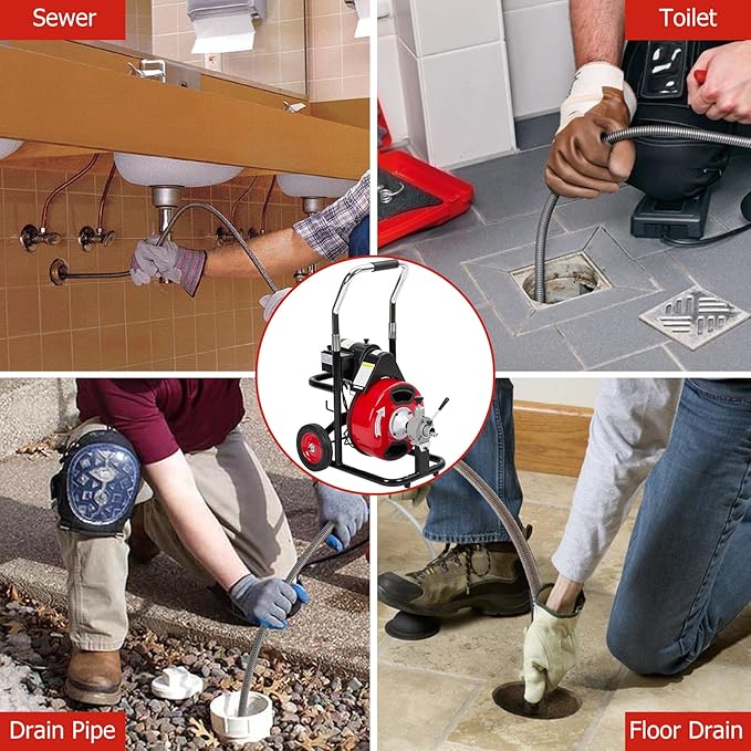 Electric Drain Cleaner - Efficiently Clears Clogs With Power - 75FT x 1/2 Inch Cable, 4 Interchangeable Cutters, Foot Switch, Protective Gloves.