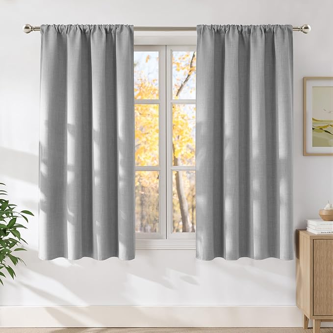 NICETOWN Light Grey Faux Linen Room Darkening Rod Pocket Curtains 63 inch Length