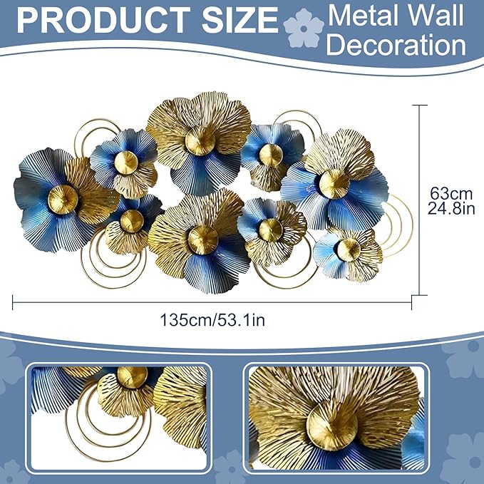 edaknez Metal Wall Art for Living Room, Extra Large Metal Wall Decor, 3D Modern Leaves Wall Decoration, Lotus Flower Wall Hanging Sculpture, for Indoor Outdoor, Blue & Gold (A 130x66x6cm)
