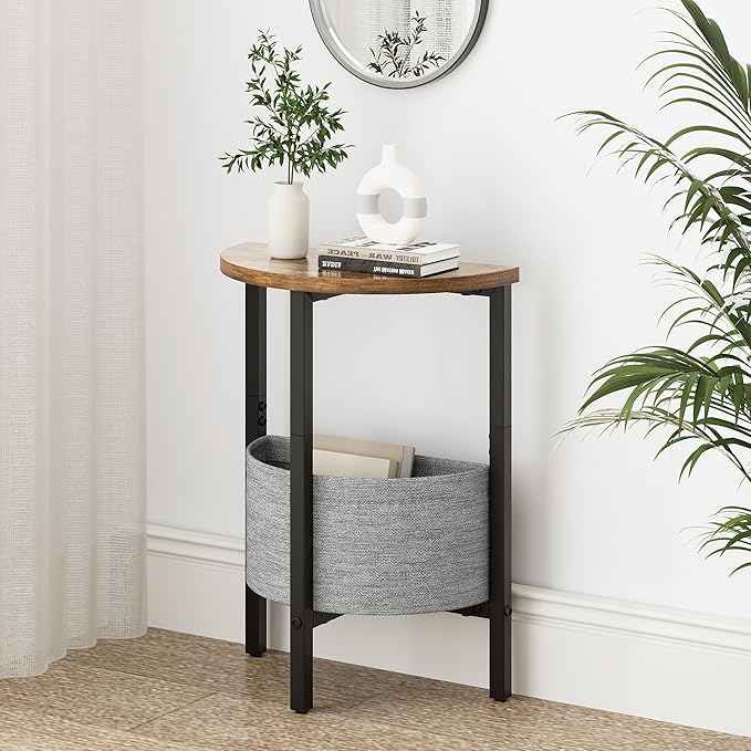 Vagusicc Small Round Side Table, Accent End Table with Storage Basket, Set of 2 Half Round Coffee Table End Table, Half Moon Bedside Table, Modern Nightstand Couch Table for Living Room Bedroom, Brown