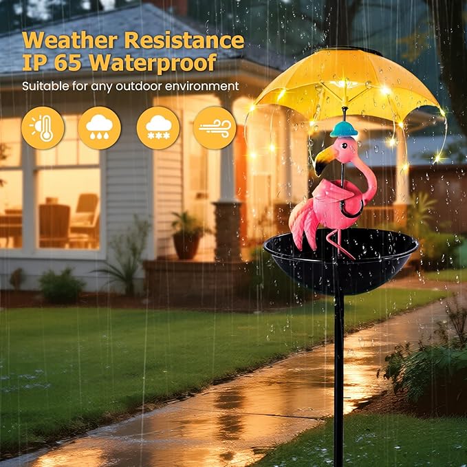 Solar Bird Feeder Garden Decor, Outdoor Solar Lights with Umbrella, Hummingbird Feeder Decorative Path Lights Yard Art Ornament Bird Feeder (Flamingo)