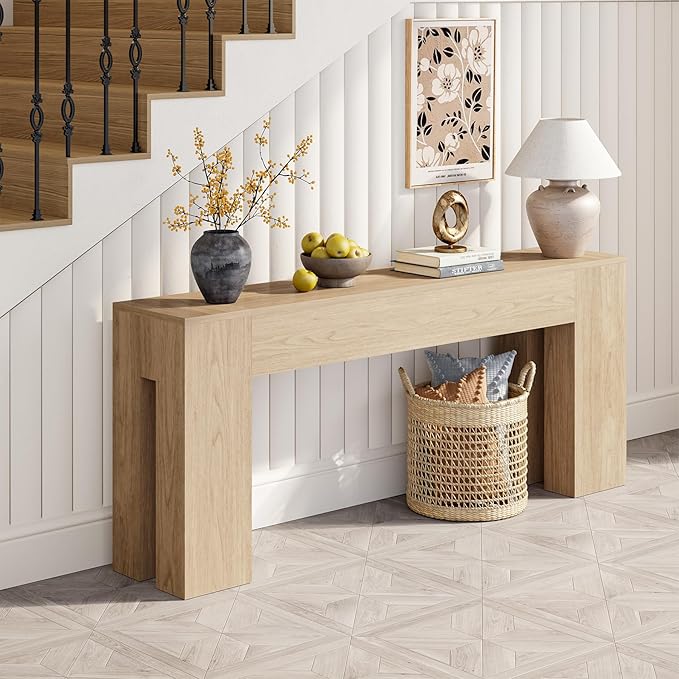 Extra Long Sofa Console Table for Entryway Living Room, 79-Inch Farmhouse Wood Behind Couch Table, Rectangular Accent Console with Wooden Double Base for Hallway Foyer Entrance, Light Oak