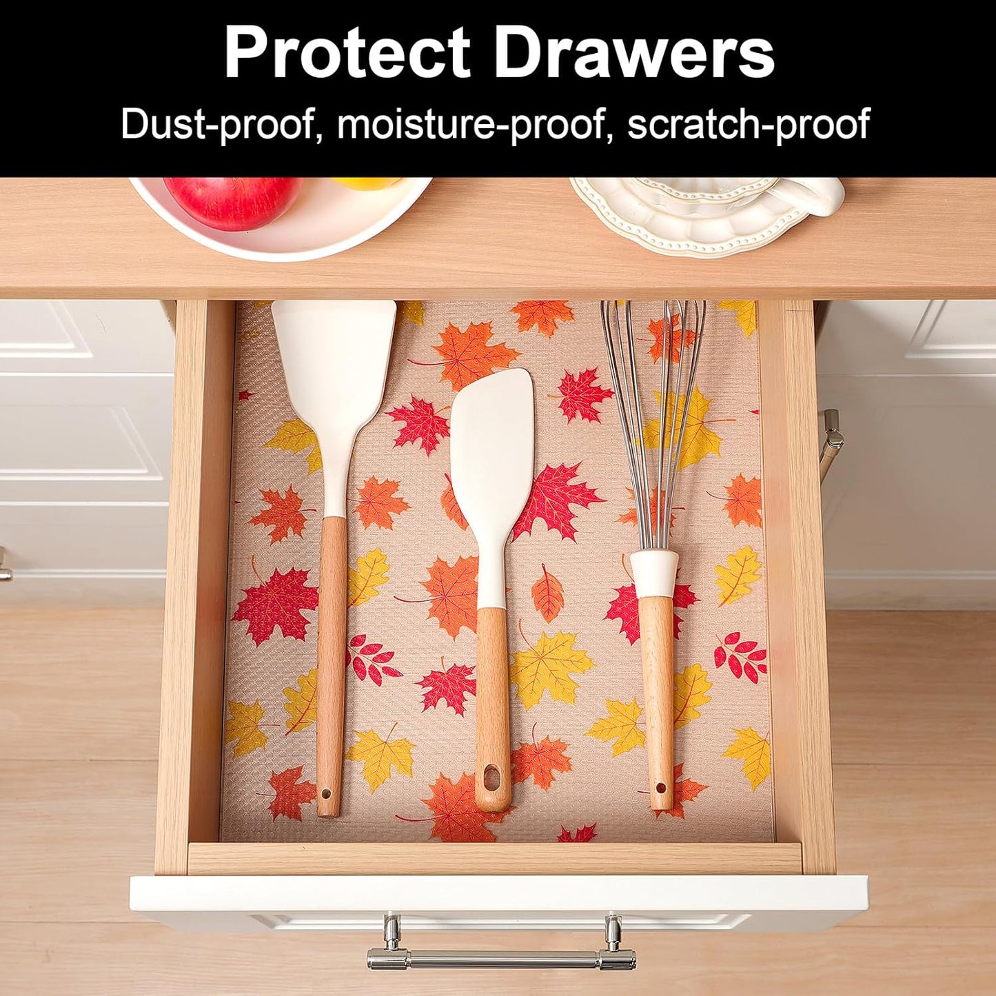 Cooyes Fall Maple Leaf Shelf Liner, Non-Adhesive Waterproof Drawer Liner, Easy-to-Cut EVA Shelf Paper for Kitchen Cabinets, Refrigerator, Cupboard, and Dresser, Fall Kitchen Decor (Pumpkin Orange)