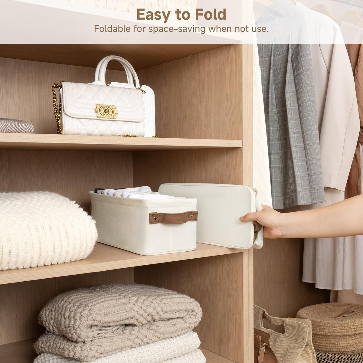 StorageWorks Narrow Storage Bins, Small Basket for Closet and Shelves, Fabric Organizer with Handles, Toilet Paper Storage, Natural Color, 2-Pack