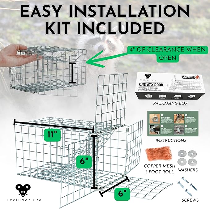 Animal One Way Exit Door - 6" Excluder Device for Raccoon, Squirrel, Skunk Trapped in Attic, Chimney, Under Deck – Eviction System with Installation Kit - Wildlife Pest Control Humane Animal Removal