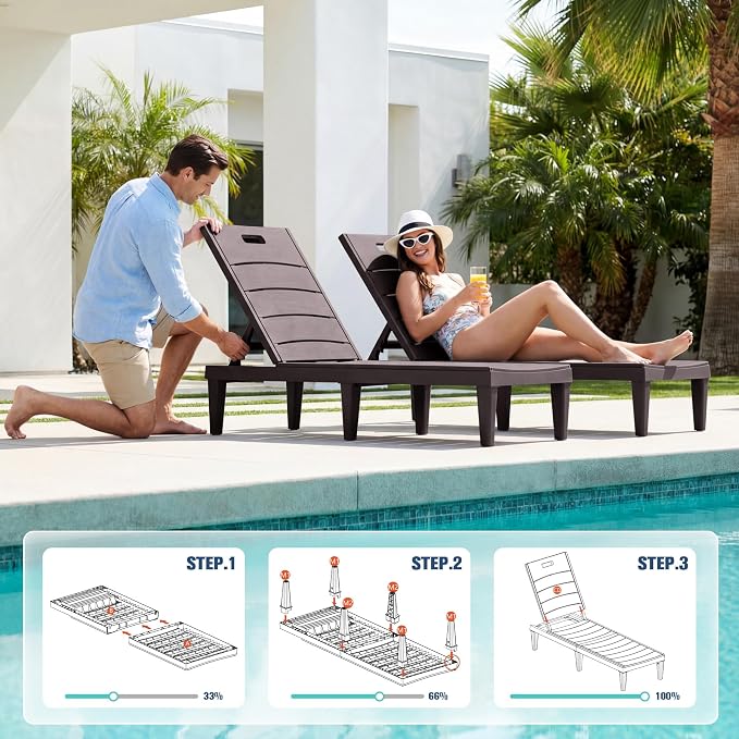 Devoko Outdoor Chaise Lounge Chair Set of 2 with 5-Position Adjustable Back, Waterproof & Lightweight PP Lounge Chairs for Outside Pool Patio (Deep Brown)