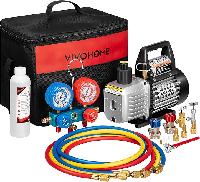 VIVOHOME 110V 1/4 HP 3.5CFM Single Stage Rotary Vane Air Vacuum Pump and AC Manifold Gauge Set Kit with Thermometer for R134a R12 R22 R502 R410a HVAC Air Conditioning Refrigeration Recharging, Black