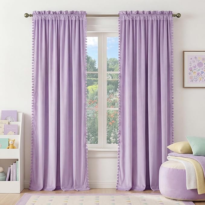 NICETOWN Lilac Purple Velvet Curtains 96 Inch Length – Pom Pom Room Darkening
