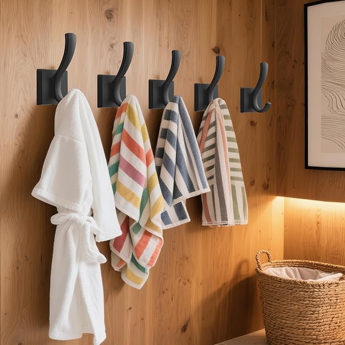 TOFIIGREM Black Coat Hooks for Wall Hanging, Bath Robe Hook Heavy Duty Thick