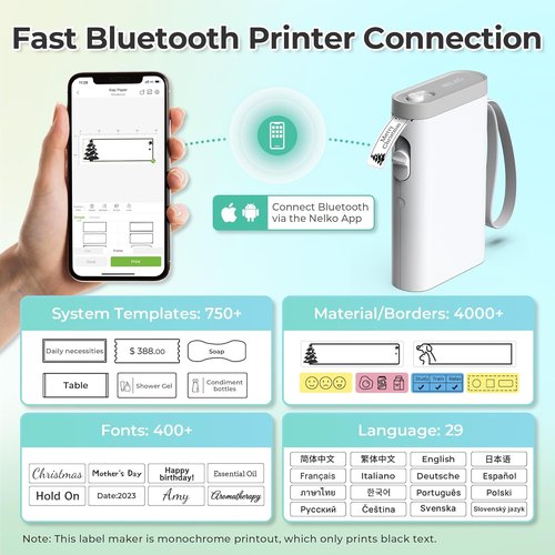Nelko Label Maker - P21 Bluetooth Wireless Label Printer with Multiple Templates | Compact White Design