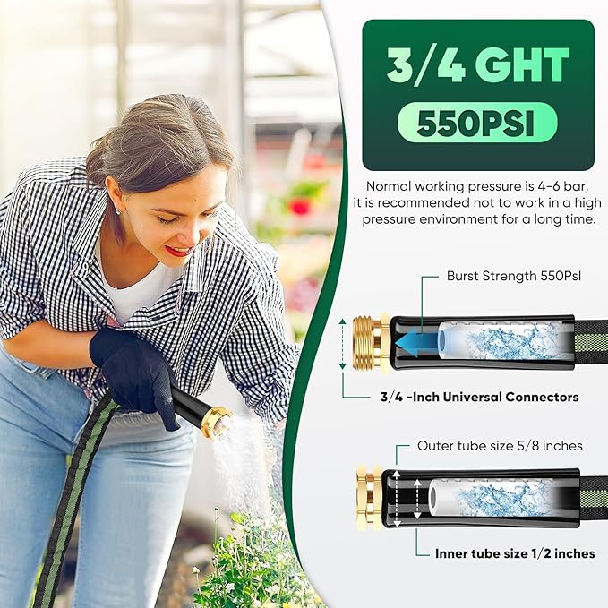 Garden Hose 50ft, Non-Expanding Water Hose, Flexible Ultra-Light, Anti-Kink, Wear-Resistant, Portable, Easy Storage, Hose with 3/4 for Outdoor, Garden, Yard and Lawn, Black Green