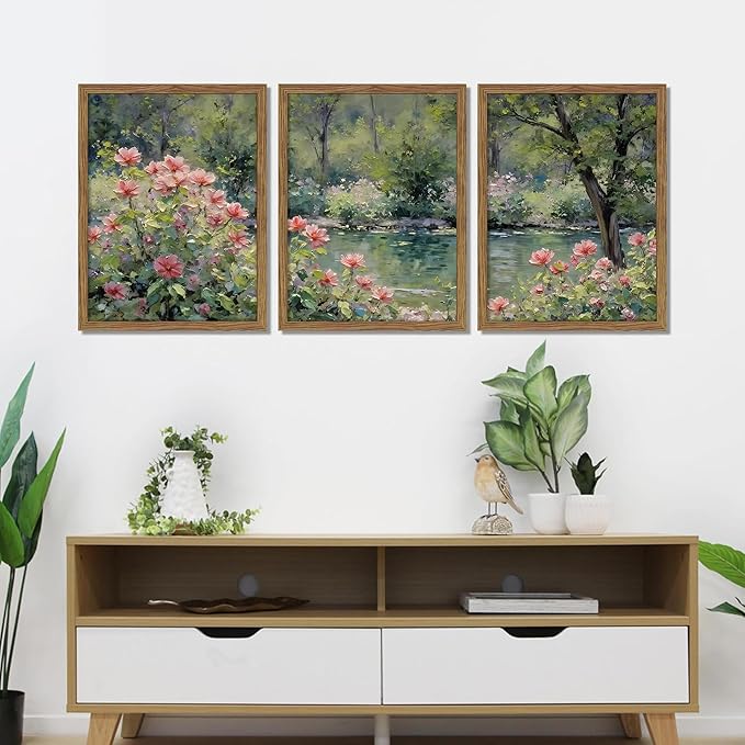 Framed Monet Wall Art Set of 3, Impressionist Botanical Floral Canvas Wall Decor