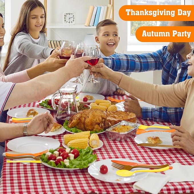 153 Pcs Thanksgiving Plastic Silverware Heavy Duty Disposable Cutlery Sets Includes Plastic Spoons Forks Knives for Thanksgiving Party Supplies (Yellow Orange Brown)