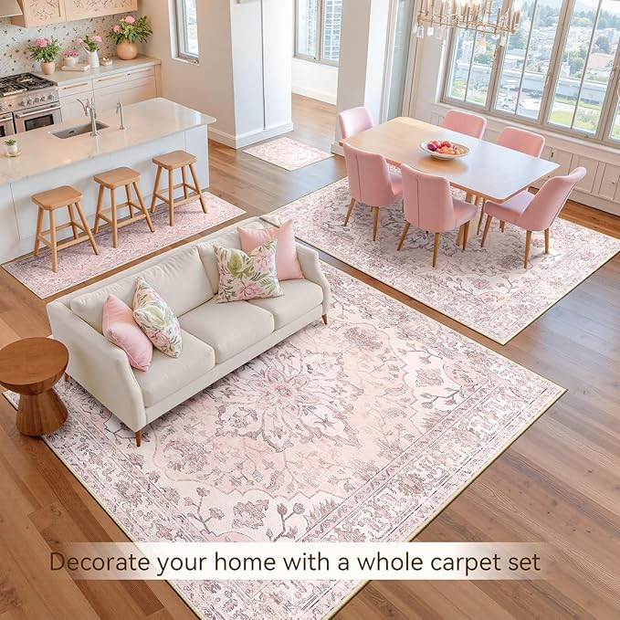 Area Rugs 2'x6' Runner Rug Non Slip Washable for Kitchen Hallway Bedroom Beside Laundry Room Bathroom Rug, Floor Carpet, Pink Greypink Cute