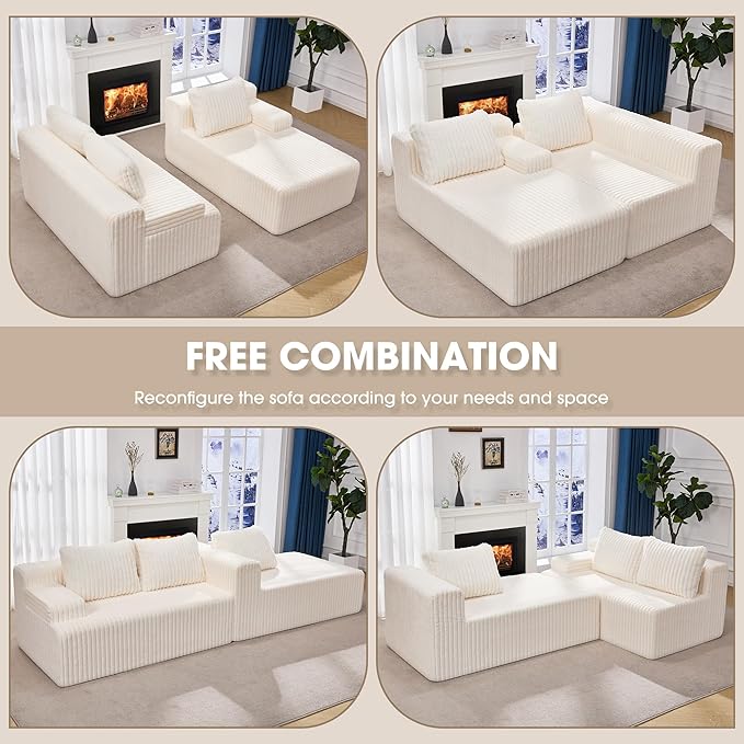Modular Sectional Sofa Couches L-Shape Couch 3 Seat Modular Sofa Memory Foam Sectional Couches for Living Room, Cloud Couch with Oversized Chaise (White Stripe, 98" Right Facing Chaise)