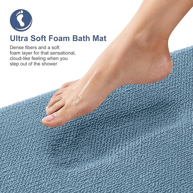 OLANLY Thick Memory Foam Bath Mat Rug 34x21, Extra Soft Absorbent Bathroom Rug, Quick Dry Bath Mats, Non-Slip, Machine Washable Carpet for Bathroom, Tub and Shower, Home Decor Accessories, Airy Blue