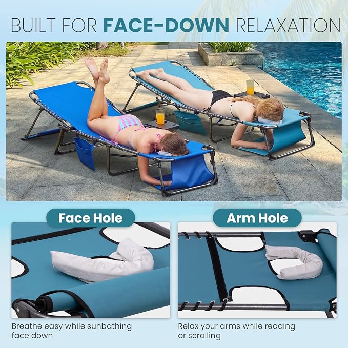 FUNDANGO 400lbs Heavy Duty Tanning Chair with Face Hole & Canopy, Cyan | Face Hole & Canopy, 400lbs Capacity, Side Table, 5-Position Sun Lounger, Anti-Pinch Safety Lock