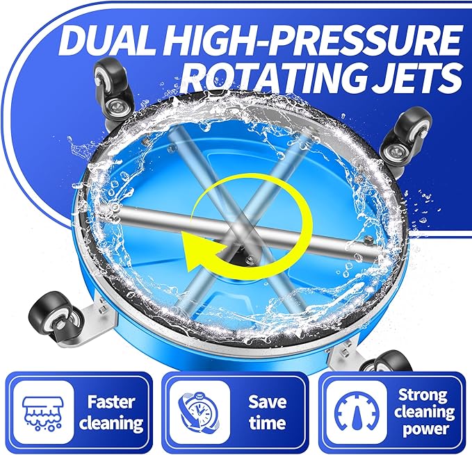 15" Pressure Washer Surface Cleaner with 4 Wheels - Coated Blue Stainless Steel Surface Cleaner for Pressure Washer Attachment for Concrete, Driveway, Patio, Sidewalk, Deck and Driveways - PWS15B