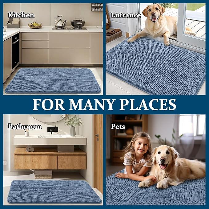 OLANLY Dog Door Mat for Muddy Paws 70x32, Absorbs Moisture and Dirt, Absorbent Non-Slip Washable Doormat, Quick Dry Chenille Mud Mat for Dogs, Entry Indoor Entryway Carpet for Inside Floor, Airy Blue