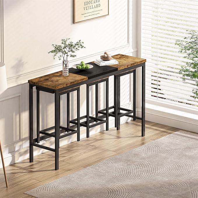 Harper & Bright Designs 4-Piece Dining Table Set, 60.2" L Wood Dining Table with 3 Stools and Metal Frame for Kitchen Dining Room, Convenient Hanging Stool Design, Natural+Black