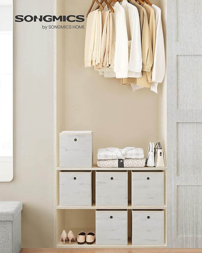 SONGMICS Storage Cubes, Set of 6 Storage Bins with Handles, Foldable Oxford Fabric and Non-Woven Fabric Storage Boxes, 10.2 x 10.2 x 11 Inches, Fit Cube Storage Unit, Vintage White URFB126W01