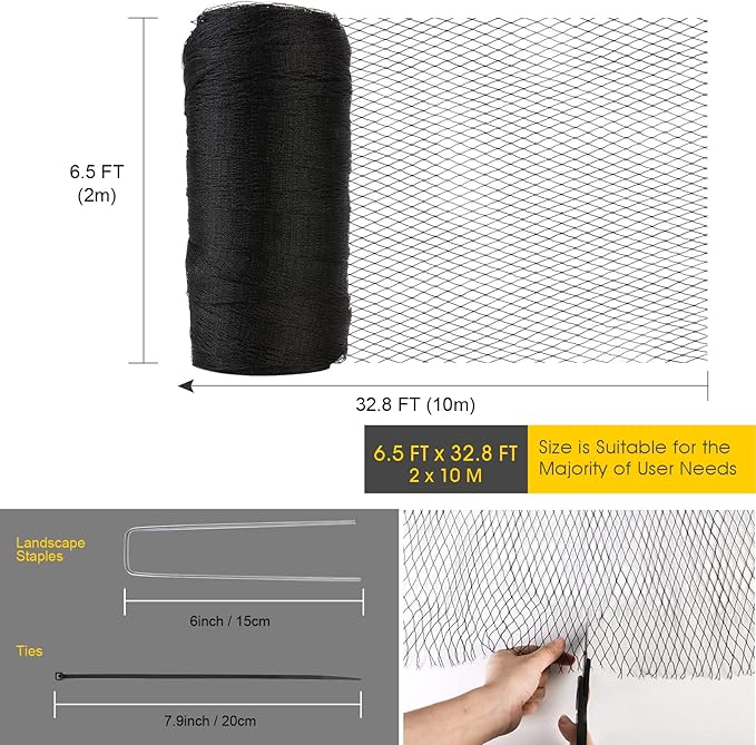 Bird Netting for Garden - 6.5 x 32.8 FT Heavy Duty Anti Bird Netting Mesh with Ties and Landscape Staples for Vegetable, Fruit Trees & Other Plants, Lasting Against Birds Deer Squirrels and Poultry