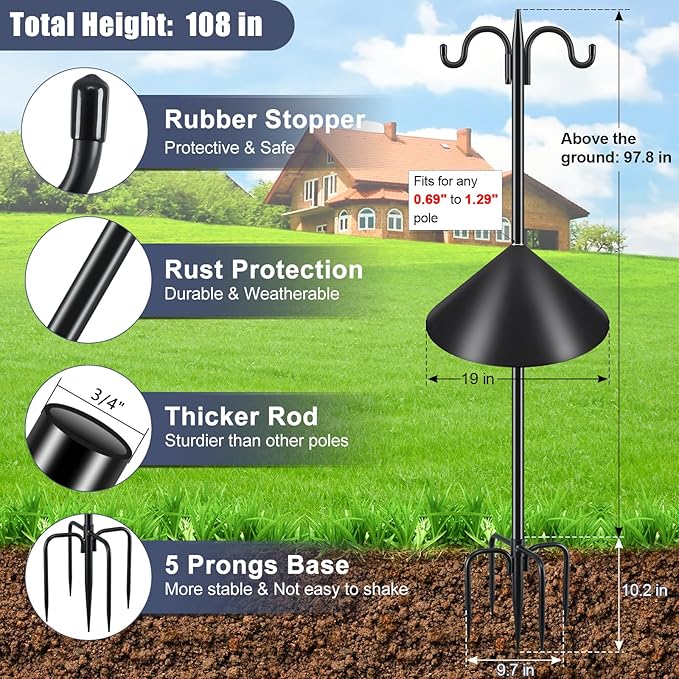 Gtongoko Squirrel Proof Bird Feeder Pole, 108 Inch Double Shepherds Hook with 19 Inch Squirrel Baffle, Heavy Duty Adjustable Outdoor Bird Feeder Stand with 5-Prong Base for Garden, Plants, Black