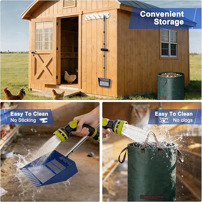 Chicken Poop Scooper & Rake, Stainless Steel Shovel Head Pooper Scooper, Adjustable Stainless Steel Handle 28"-68", Chicken Scooper for Chicken Coop Cleaning Tool with Reuseable Yard Waste Bags