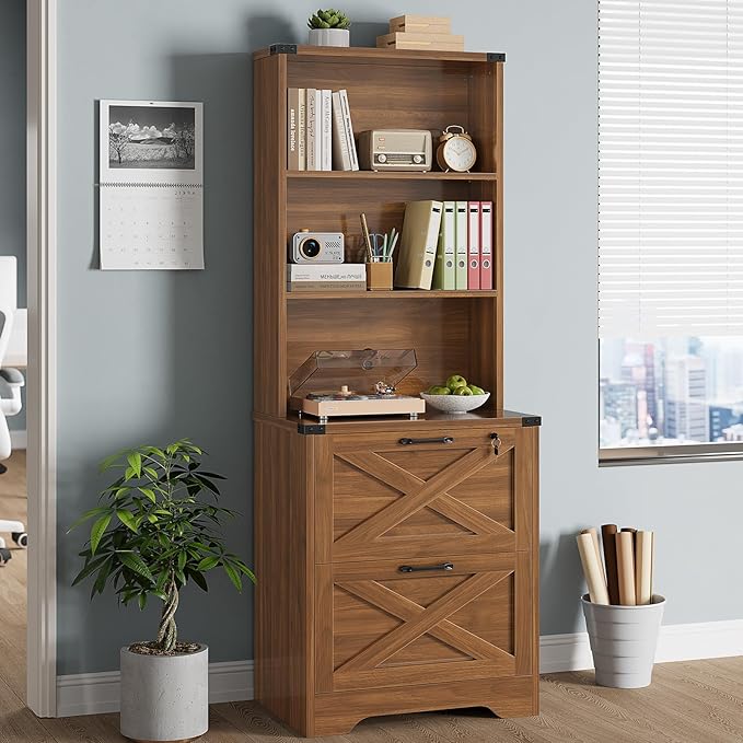 SEDETA 2 Drawer File Cabinet with Lock, Wood Filing Cabinet fits Letter, Legal, A4 Size, Hanging File Folders, Farmhouse File Cabinets for Home Office with Adjustable Storage Shelf (Brown)