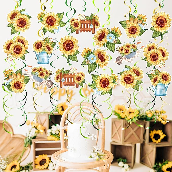Sunflower Party Hanging Swirls, 48 Pcs,Rustic Horticulture Garden Party Decoration Sign,Flower Theme Party Supplies for Birthday,Baby Shower, Wedding,Yellow Black Green