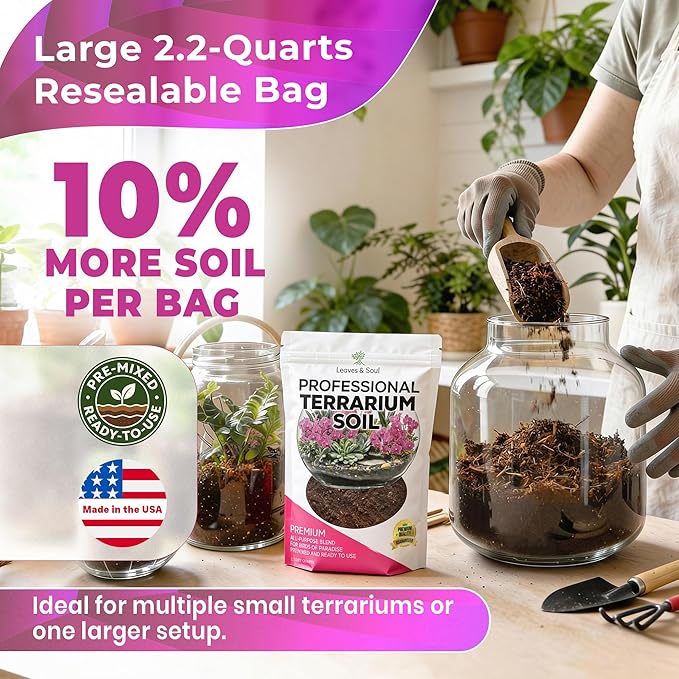Professional Terrarium Soil Mix 2.2 Quarts Ready to Use, Premium Terrarium Potting Soil for Succulents Cactus Aloe Plants, Pine Bark Peat Coarse Sand, Well Draining Terrarium Mix Made in USA