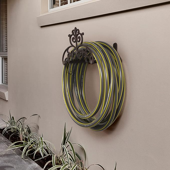 MyGift Brown Heavy Duty Cast Iron Outdoor Garden Hose Hanger Wall Mounted Water Hose Holder Reel with Vintage Scrollwork Design