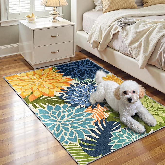Arenarug 2x3 Colorful Washable Small Rug Tropical Botanical Modern Floral Indoor Chenille Door Mat Carpet Non Slip for Patio, Entry Way, Entrance, Porch, Green