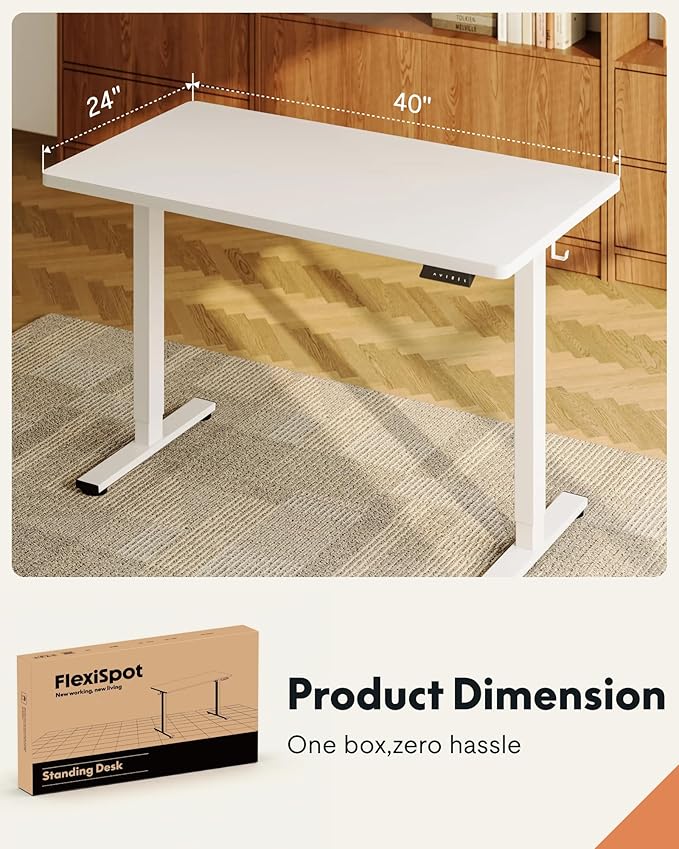 FLEXISPOT EN1 One-Piece Standing Desk, 40"x24" Seamless Desktop Electric Height Adjustable for Home Office, Study Rooms & Multi-Device Workstations, White(White Frame)