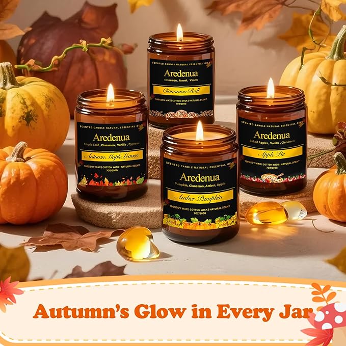 Fall Candle - Caramel Cinnamon Candle | Autumn Scented Candles for Home, 7oz Fall Soy Candles for Home Scented, 50 Hours Burn Time, Harvest Holiday/Halloween/Thanksgiving Autumn Gifts for Women Men