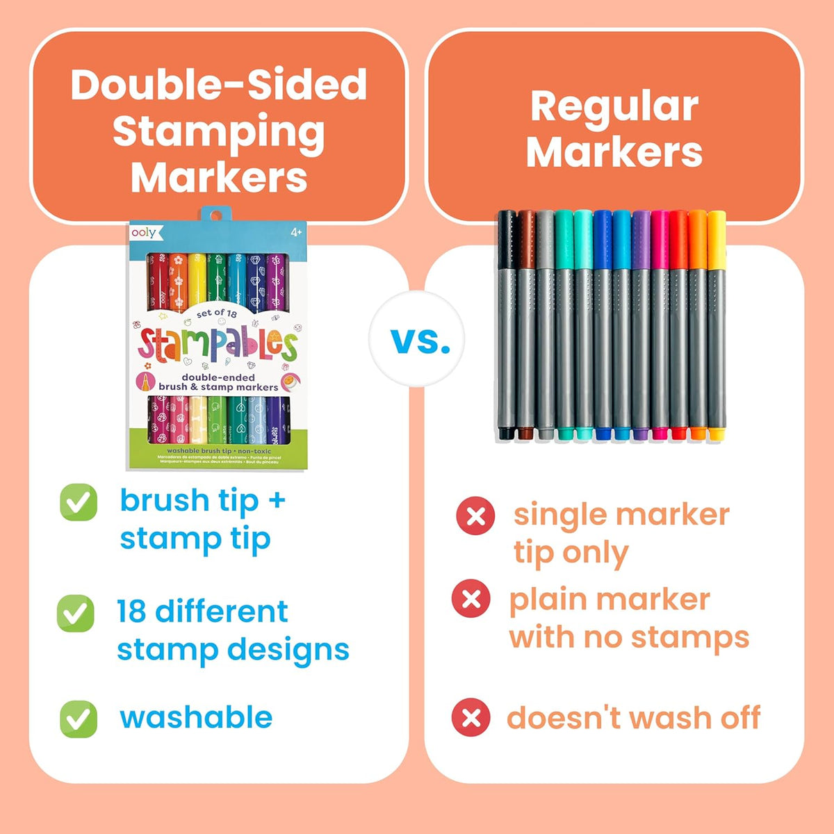 Ooly 18 Double-Sided Stamping Markers - Versatile Brush Tip & Stamp for Creative School Supplies