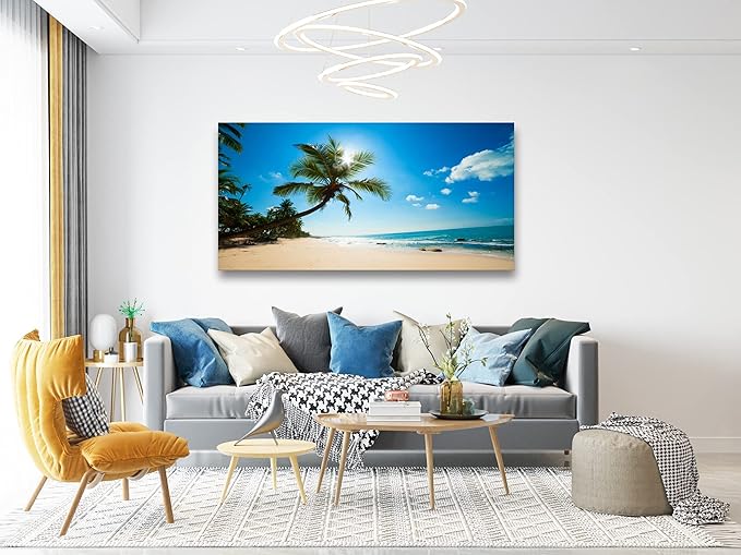 Muolunna ARX0662 Large Canvas Wall Art Summer Ocean Waves Prints Coconut Trees Beach Seascape Painting Hawaii Sea Nature Pictures Stretched and Framed for Living Room Home Office Wall Decor Artwork