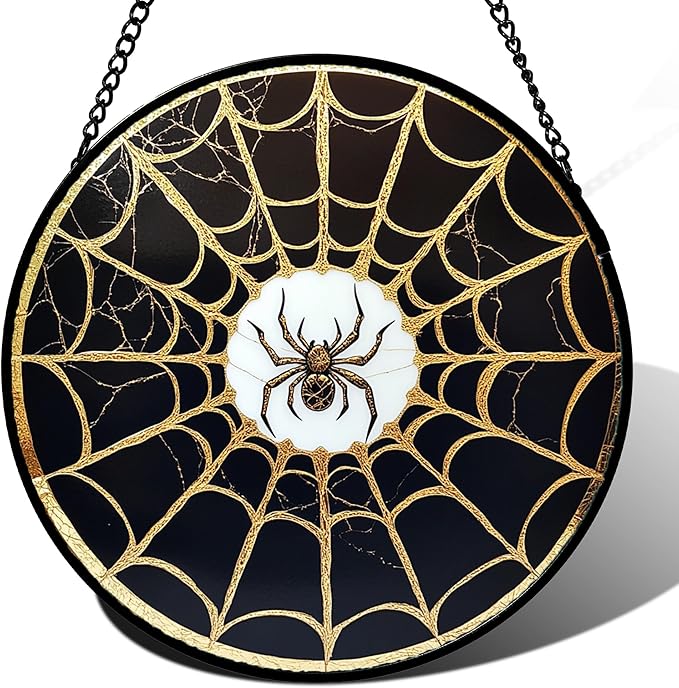 Stained Glass Window Hanging - Black Gold Spider Suncatcher for Door Terrace Garden Home Decor Halloween Sun Catcher Christmas Birthday Gifts for Lovers Women Men Dad Mom Nana 11.8 in