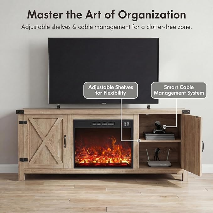 YESHOMY Fireplace TV Stand with Two Barn Doors and Storage Cabinets for Televisions up to 65+ Inch, Entertainment Center Console Table, Media Furniture for Living Room, 58 Inch, Yellow Oak
