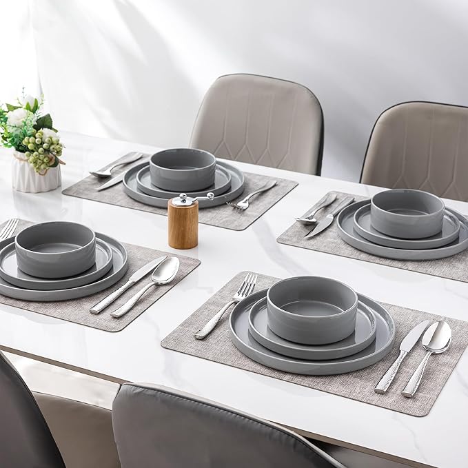 GBHOME Dinnerware Set for 4, 12 Piece Speckled Plates and Bowls Set with Glazed Bottom, Chip & Scratch Resistant Stoneware Plates Sets, Dishwasher & Microwave Safe Dishes (Limestone, Service for 4)