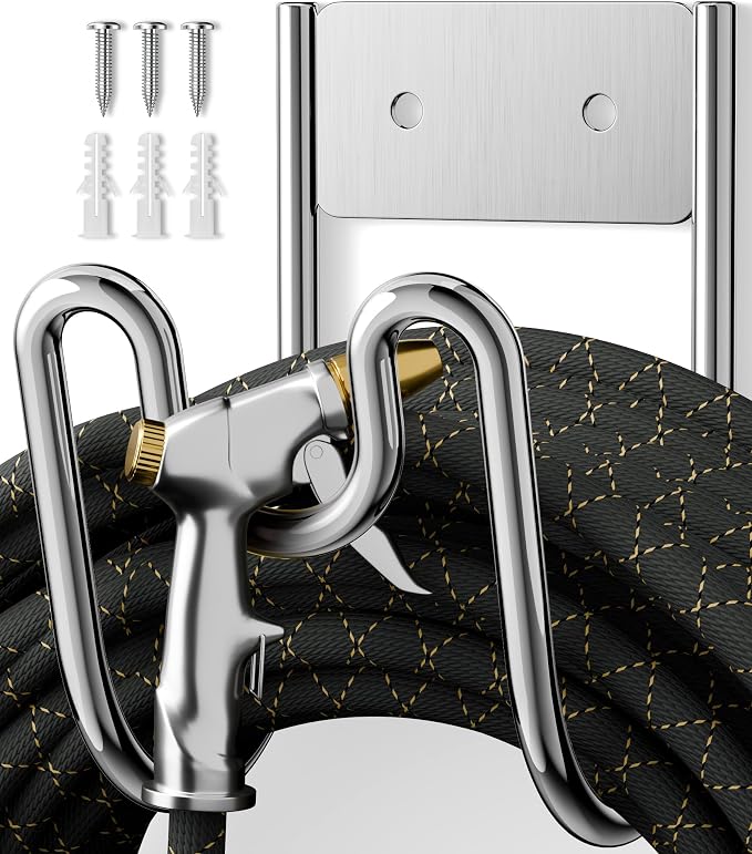 Garden Hose Holder Wall Mount - SS304 Stainless Steel Water Hose Hanger Heavy Duty Rack for Extension Cords Vacuum Hose Outside Silver (1 Pack)