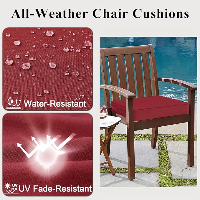 Outdoor Chair Cushions 18.5x16x3 Inch, Waterproof Red Patio Furniture Cushions Set of 2 with Ties & Handle, 3 Year Color Fastness Square Replacement Seat Cushions for Sofa, Couch